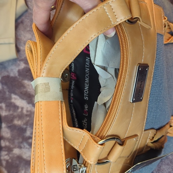 Stone Mountain Tan and Blue Tote Bag with Structured Design - Picture 4 of 4